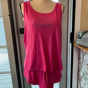 EUC Steve Madden 2X Hot Pink Rhinestone Logo Tank Top and Shorts Loungewear Set